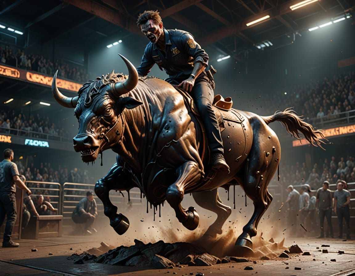 Zombie Rides Mechanical Bull in Gritty Sci-Fi Art