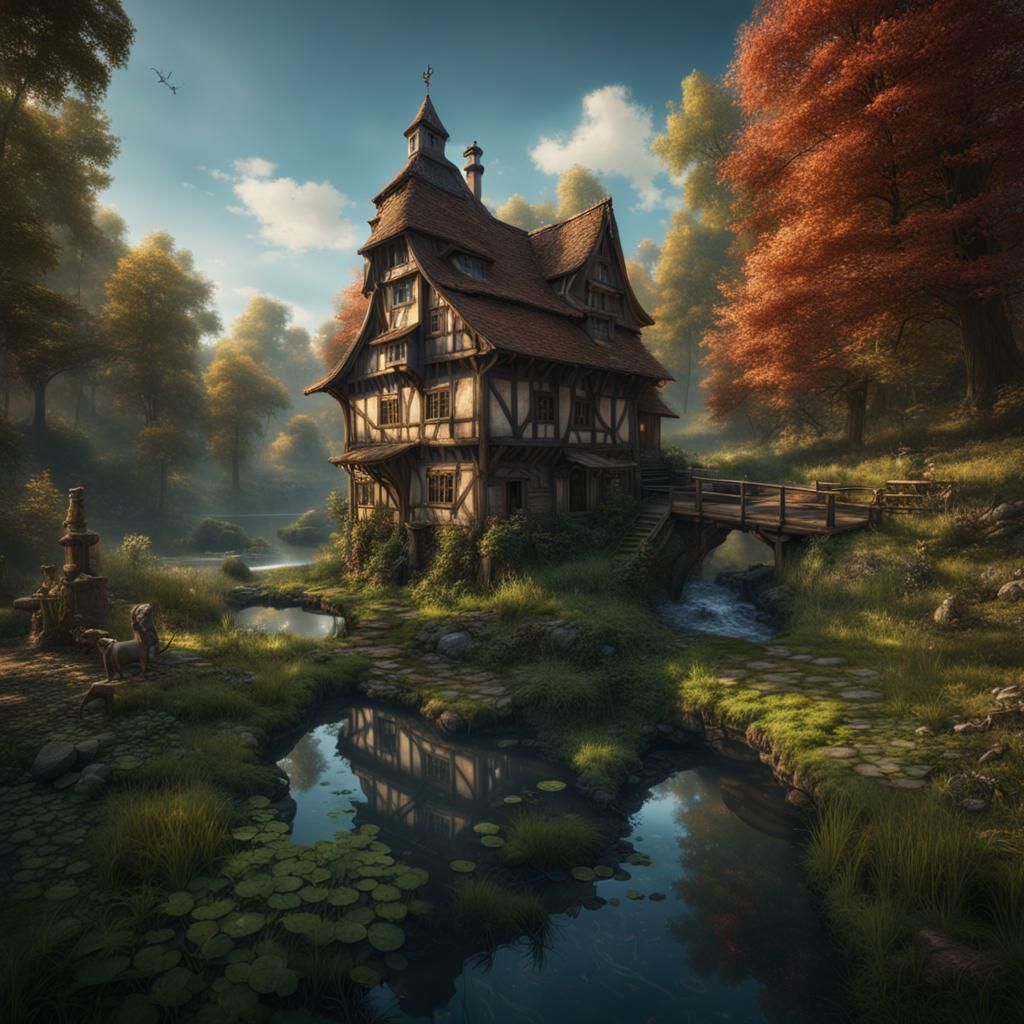 Fantastical Watermill in Forest Meadow: Matte Painting