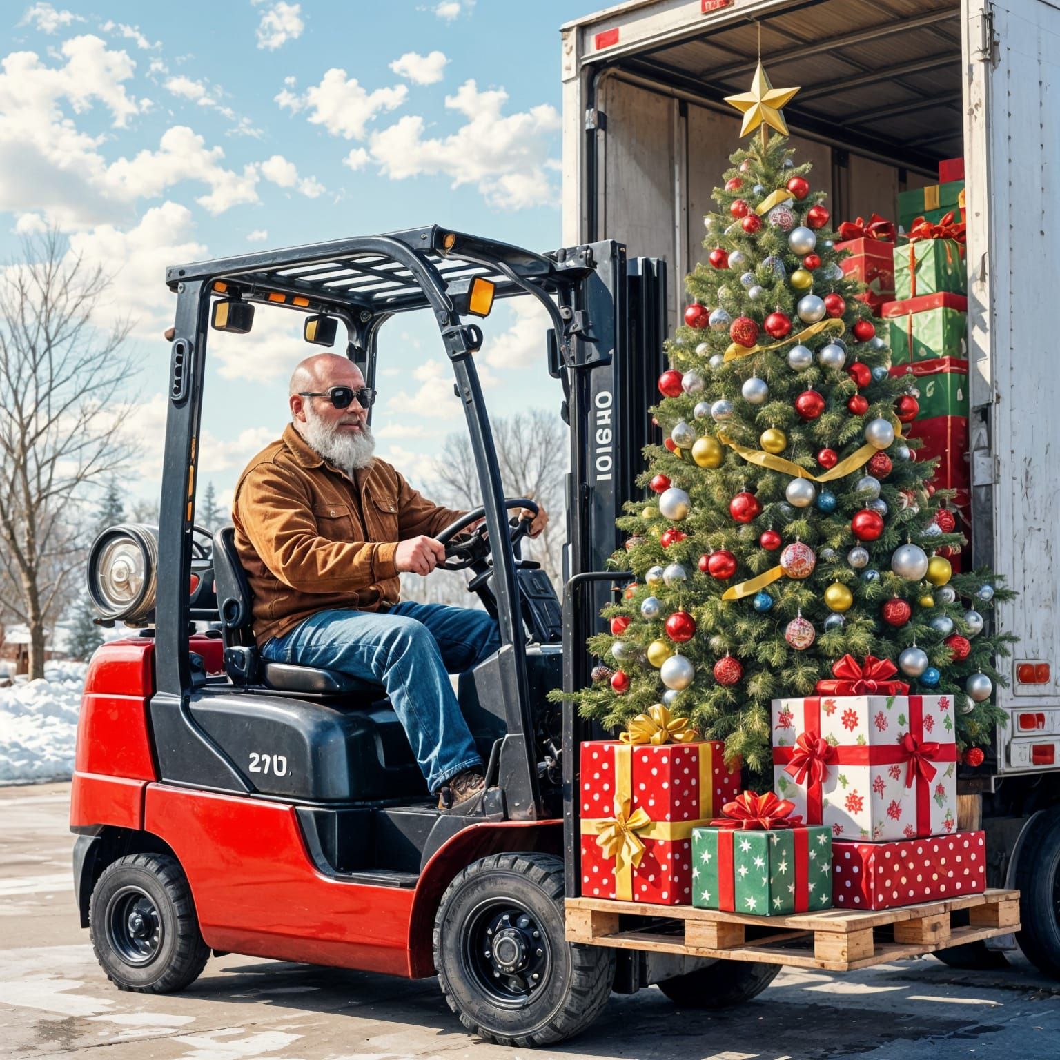 Bald Man Unloads Christmas Gifts with Forklift