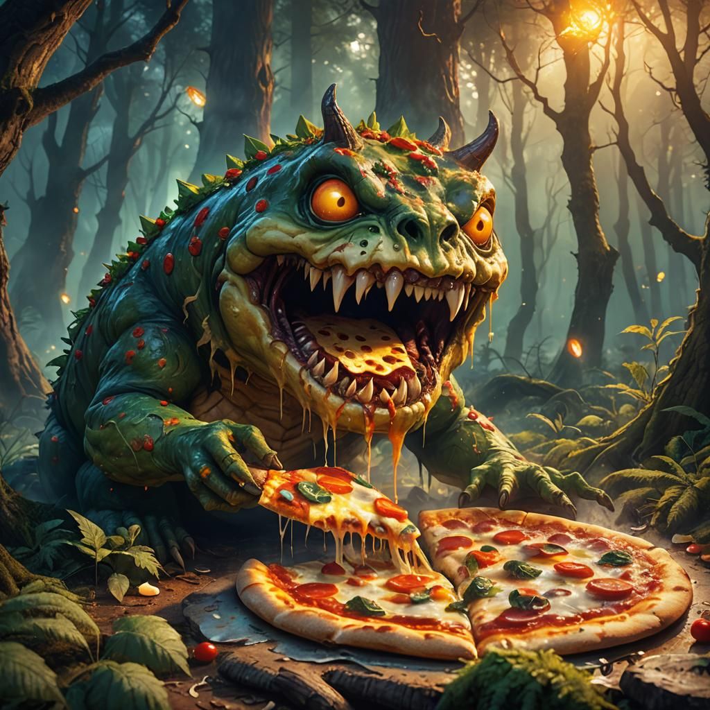 Pizza Monster Devouring Slice in Mystical Forest