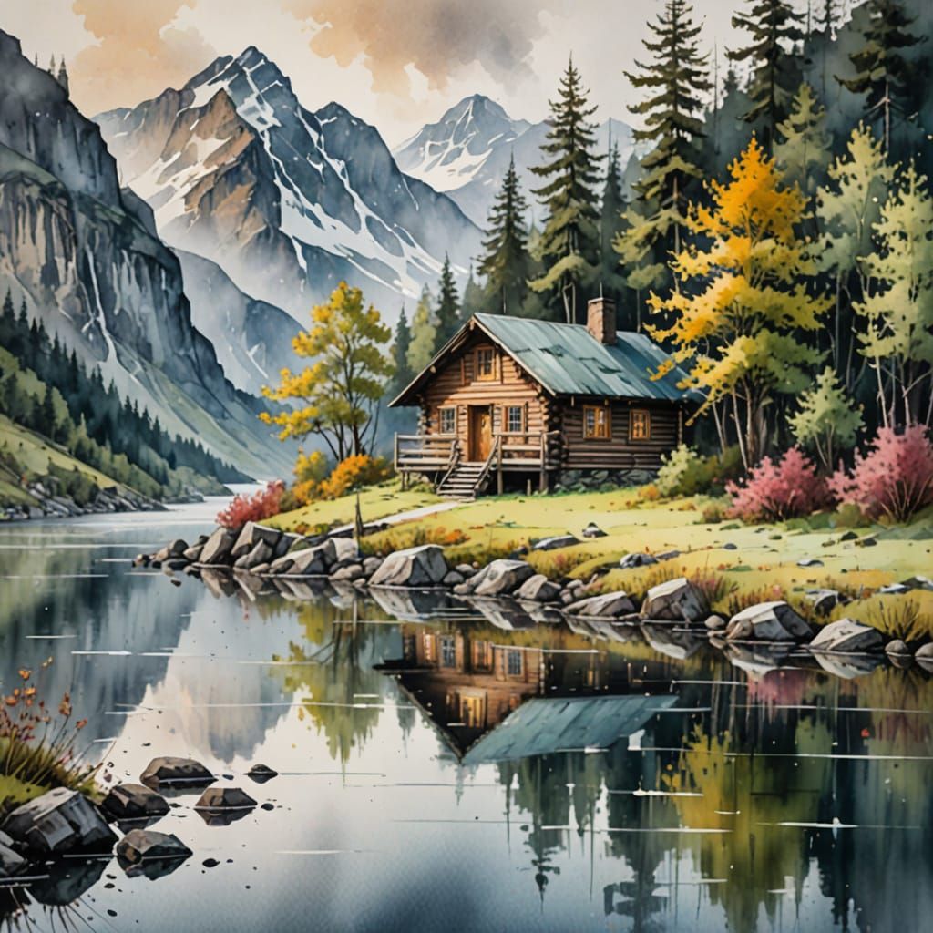Dreamy Scandinavian Fjord Cabin in Watercolor