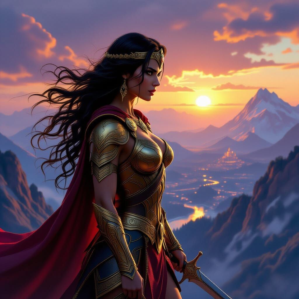 Amazon Princess Warrior on Mountain Peak