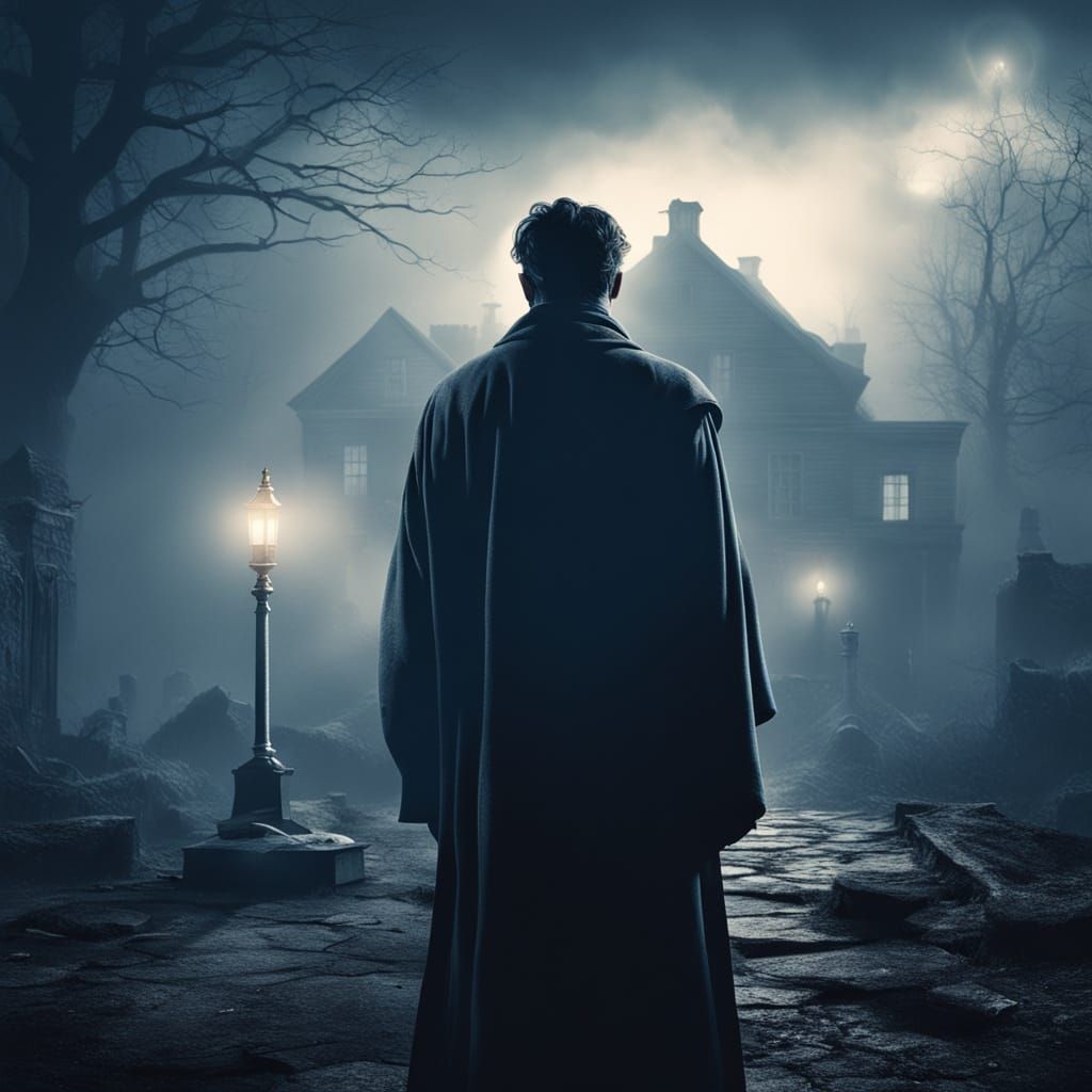 Cinematic Illustration of Man in Old Village with Ghosts