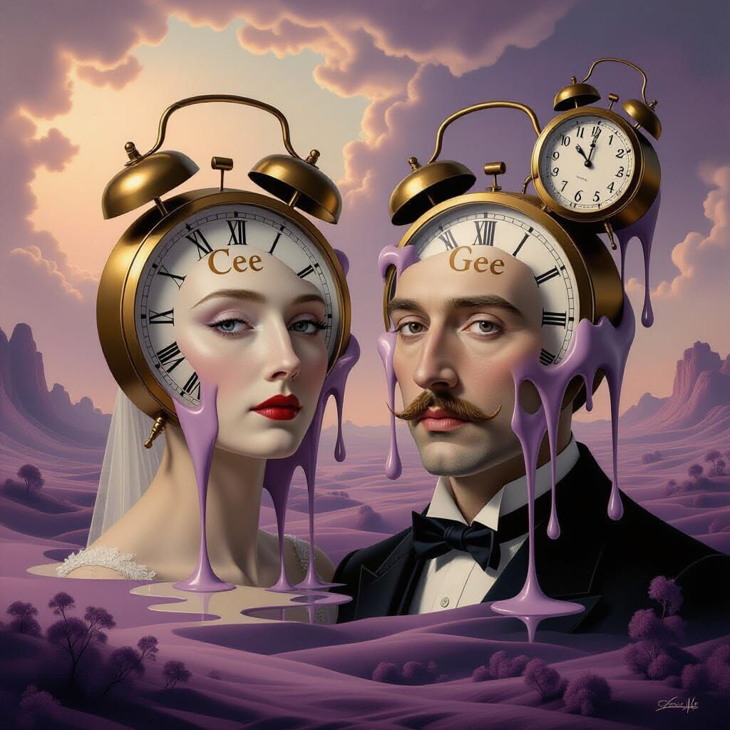 Surrealist Portrait: Intertwined Names with Melting Clocks