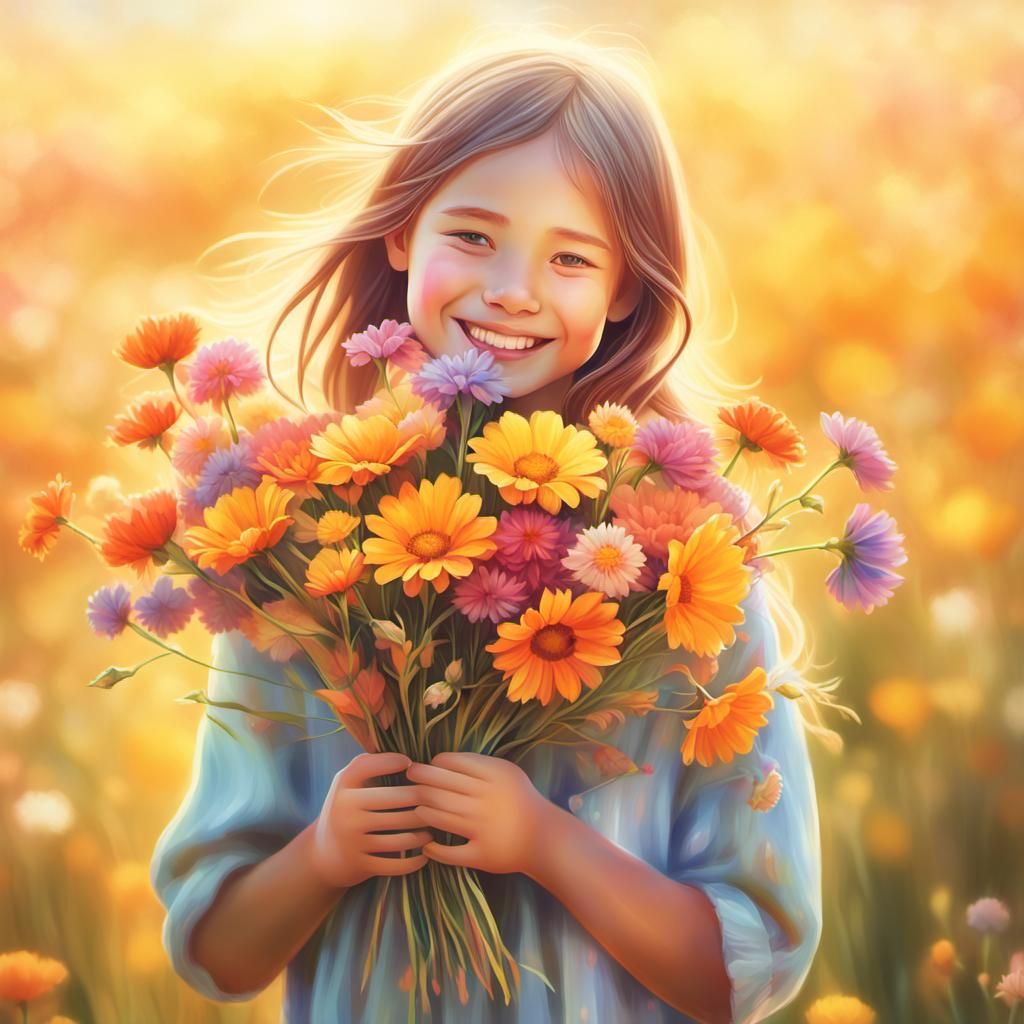 Smiling Girl with Flowers in Sunlit Meadow