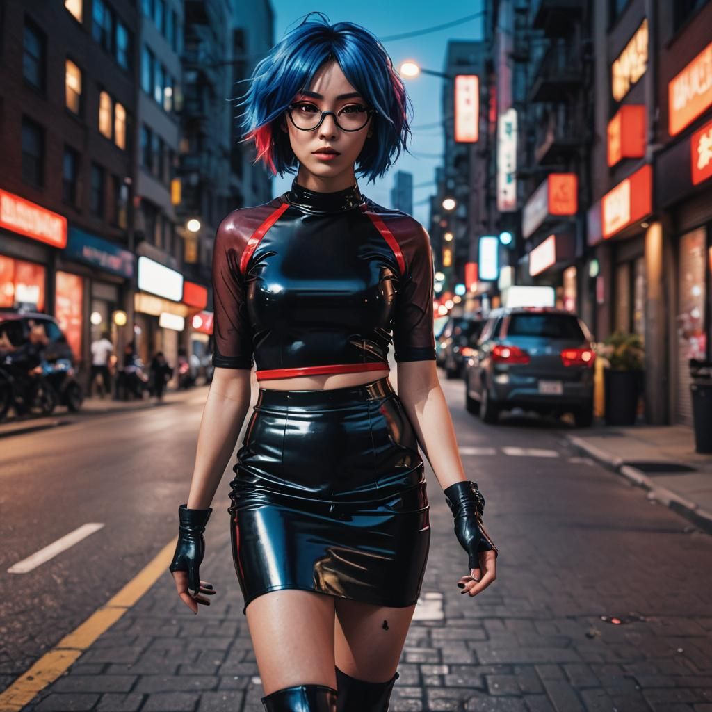 Anime Woman in Latex Walking in Cyberpunk City