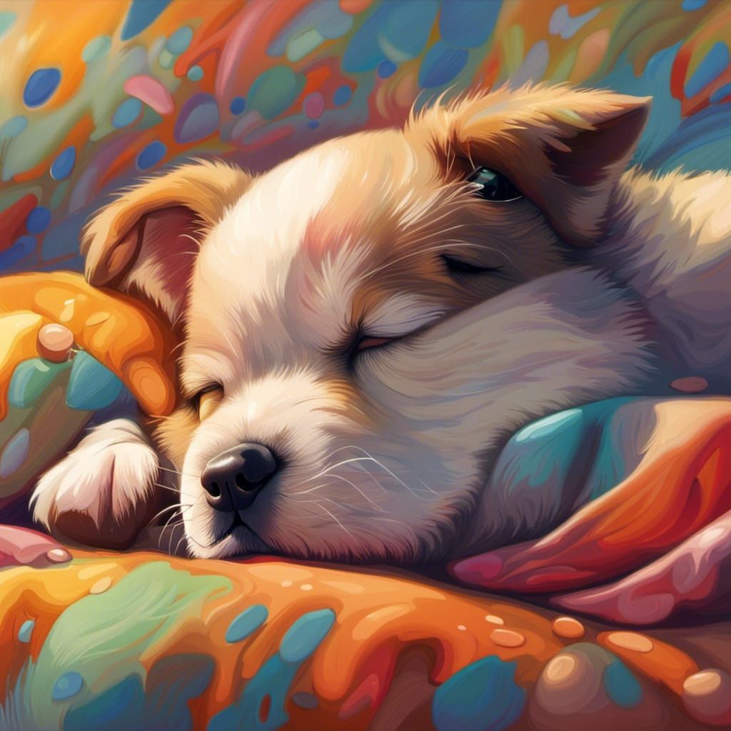 Hyperrealistic Chubby Puppy Sleeping in Colorful Light