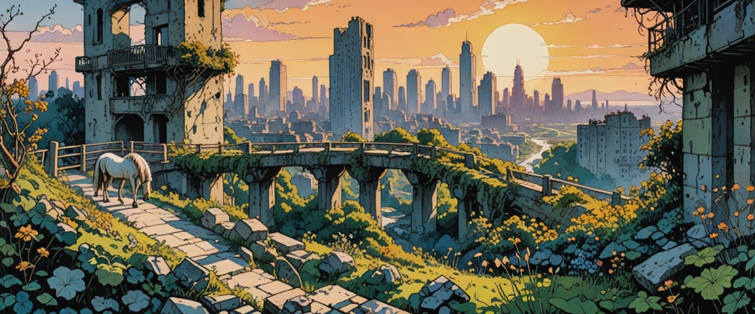 Watercolor Ruins: Wild Horses in Overgrown City