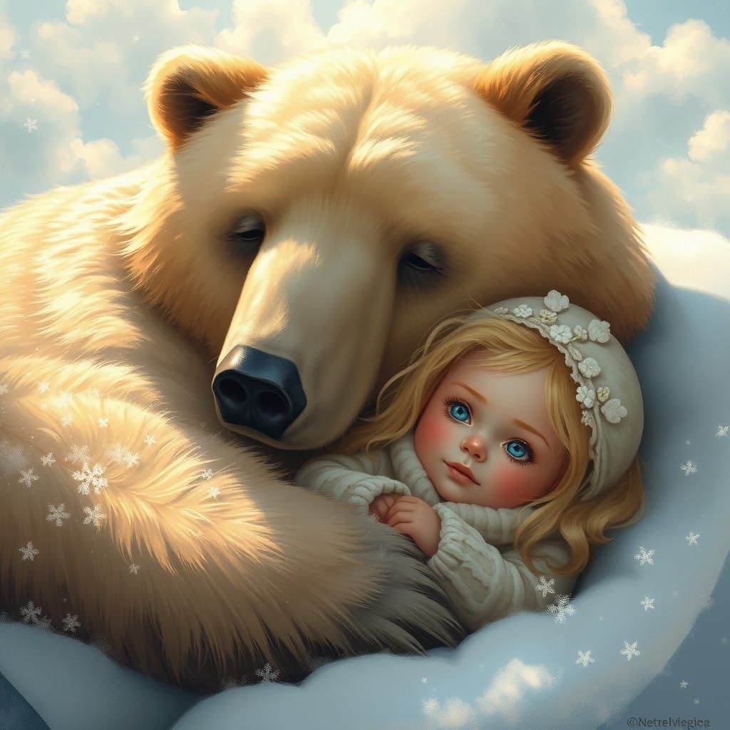 Mamma Bear and Little Girl Snuggle in Winter Wonderland