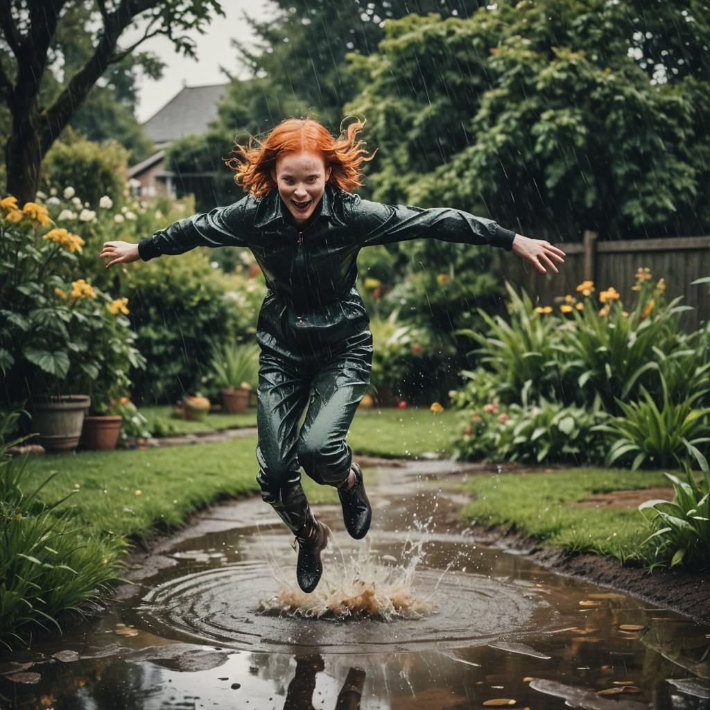 Redhead Sylph Enjoys Rainy Day in Garden