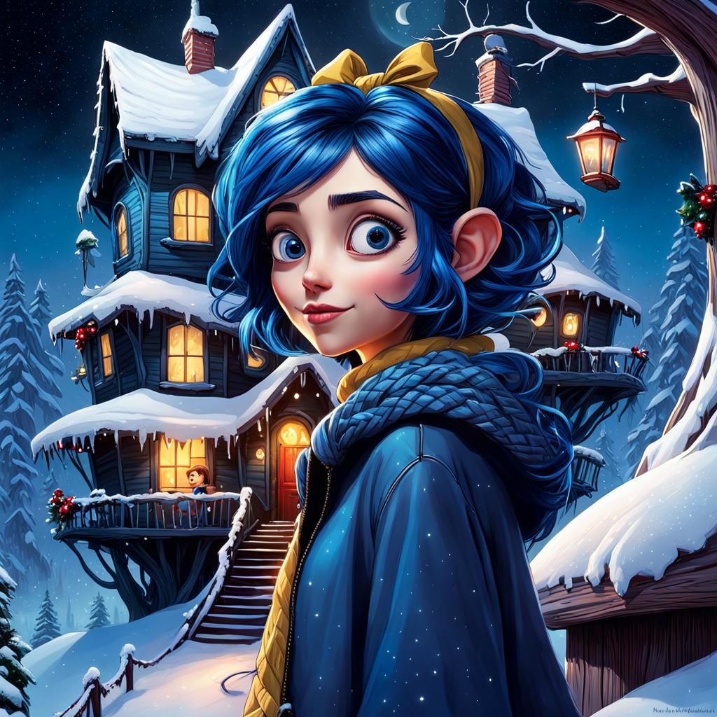 Coraline Christmas Portrait in Disney Pixar Comic Style