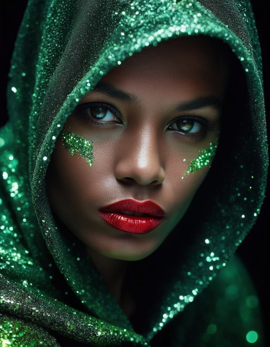 Woman in Green Glitter Hood: Dramatic Low-Key Portrait