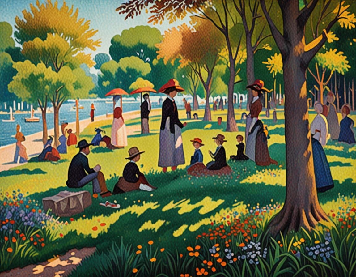 Serene Park Scene in Pointillist Style