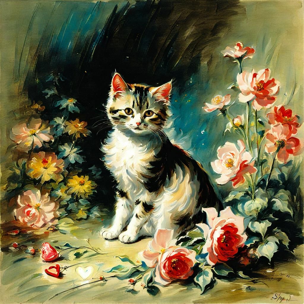Cat Surrounded by Flowers, in Ashcan School Style