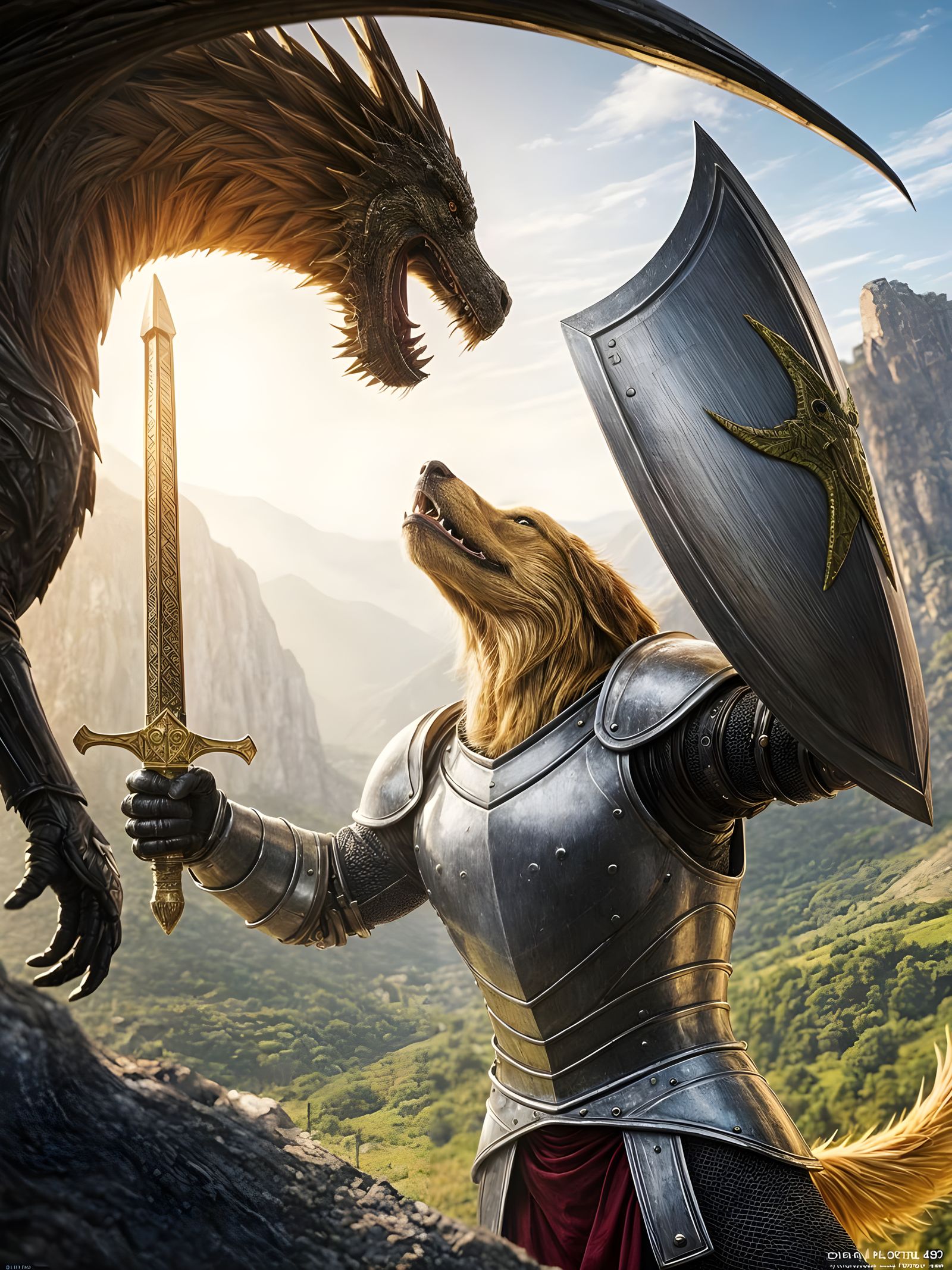 Golden Retriever Knight in Epic Fantasy Battle