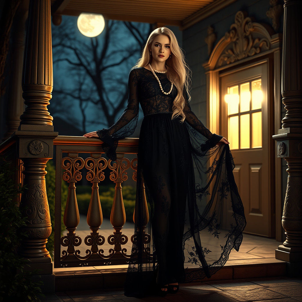 Enchanting Woman in Black Lace Gown at Night