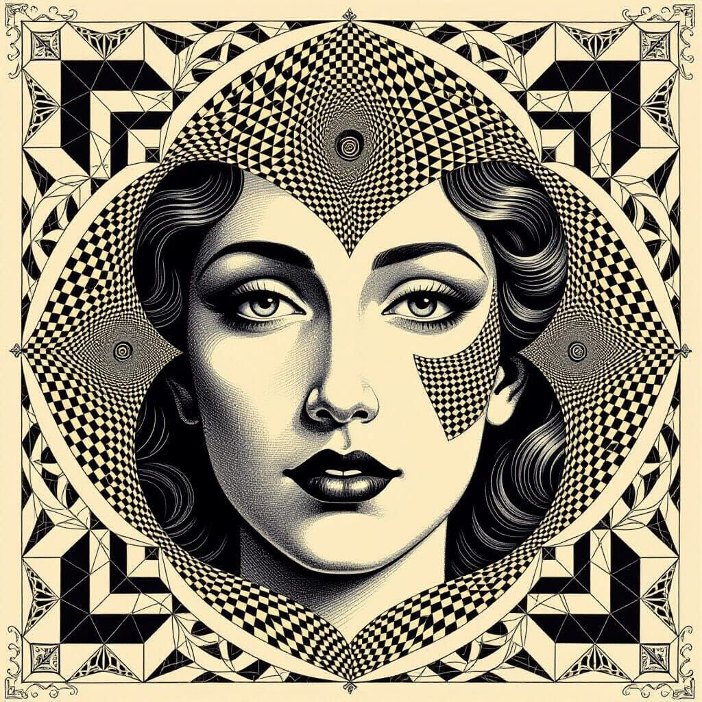 Escher-Inspired Face with Infinite Geometric Universe