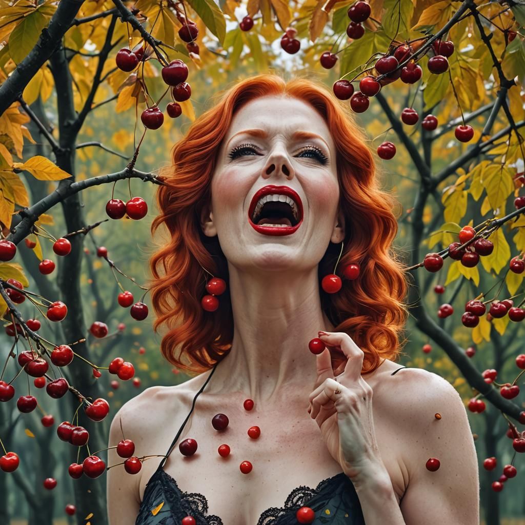 Redhead Woman Eating Cherry in Surreal Autumn Setting