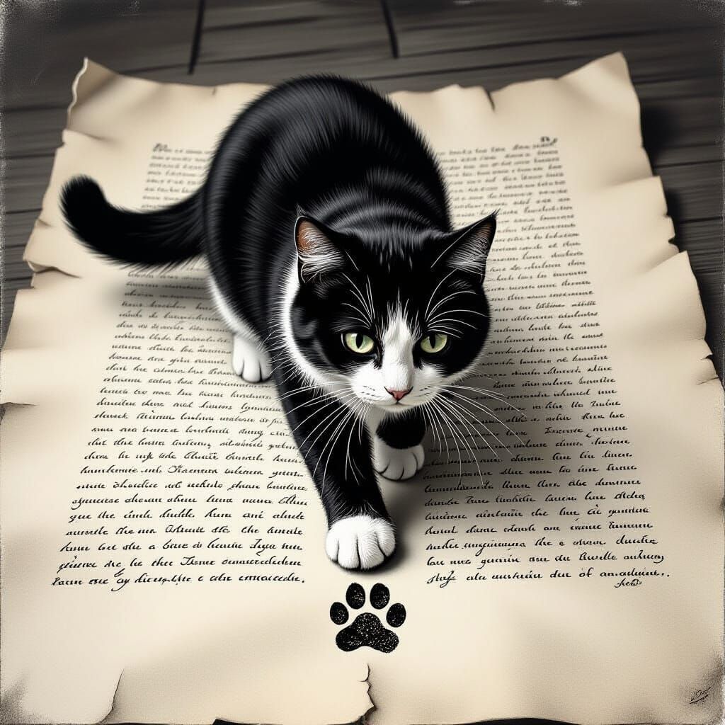Cat Walking on Manuscript in Charcoal Drawing Style