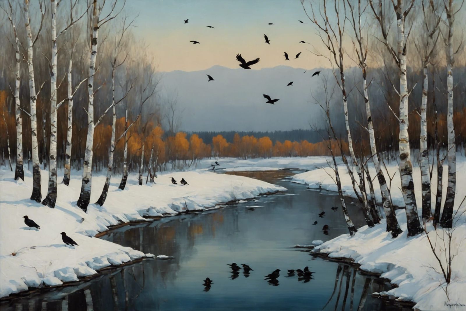 Baroque Winter Landscape with Crows in Oils