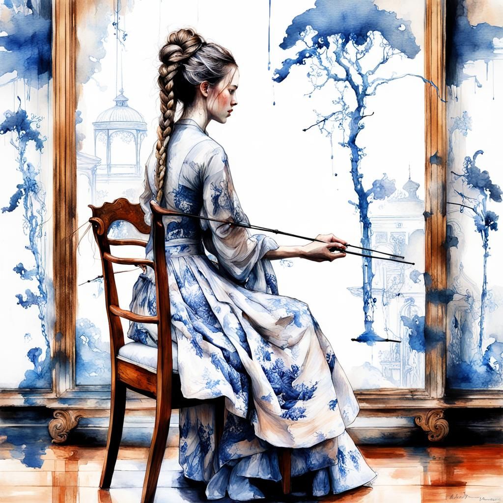 Girl Braiding Hair: Digital Watercolor with Toile de Jouy