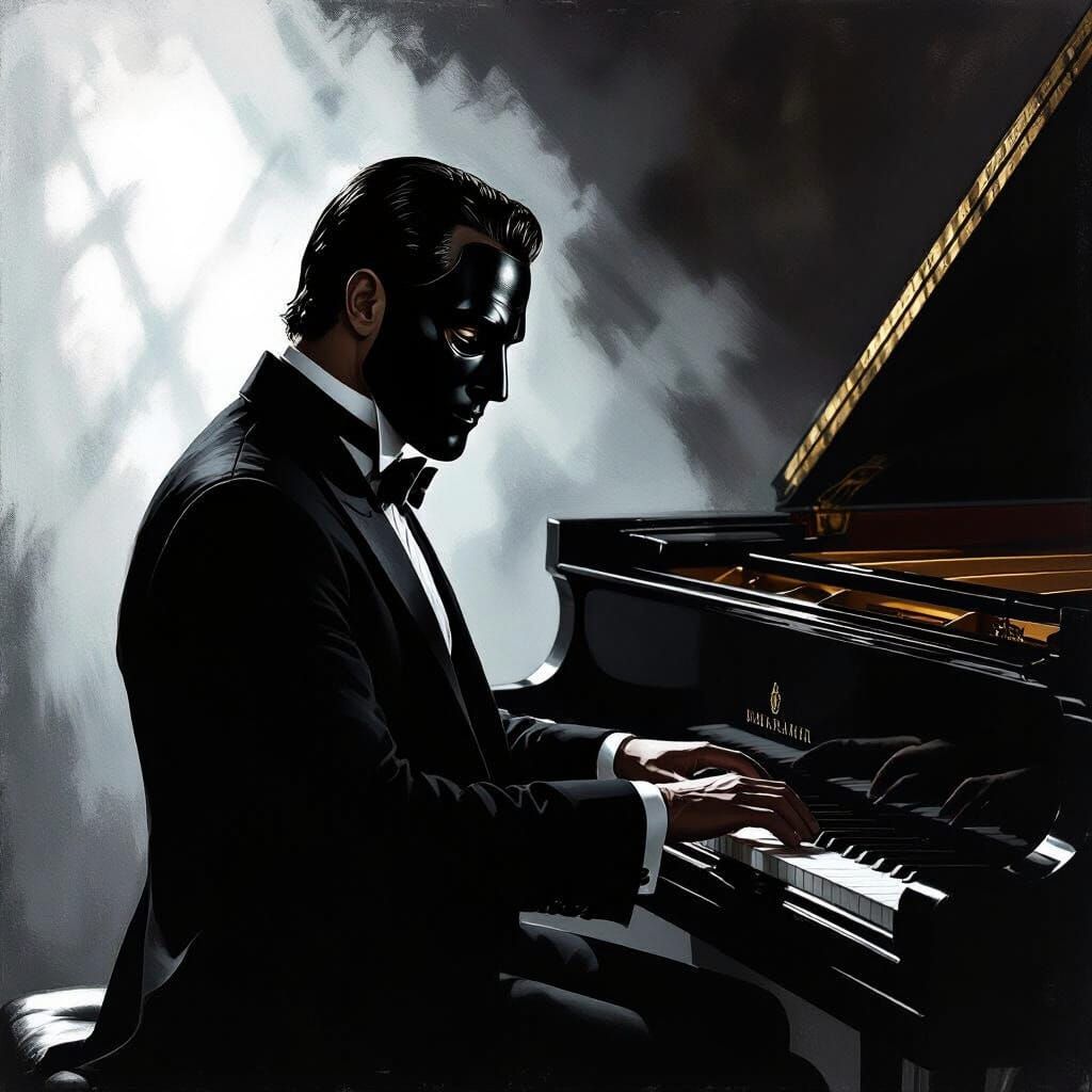 Masked Man Plays Piano in Gloomy, Shadowy Room