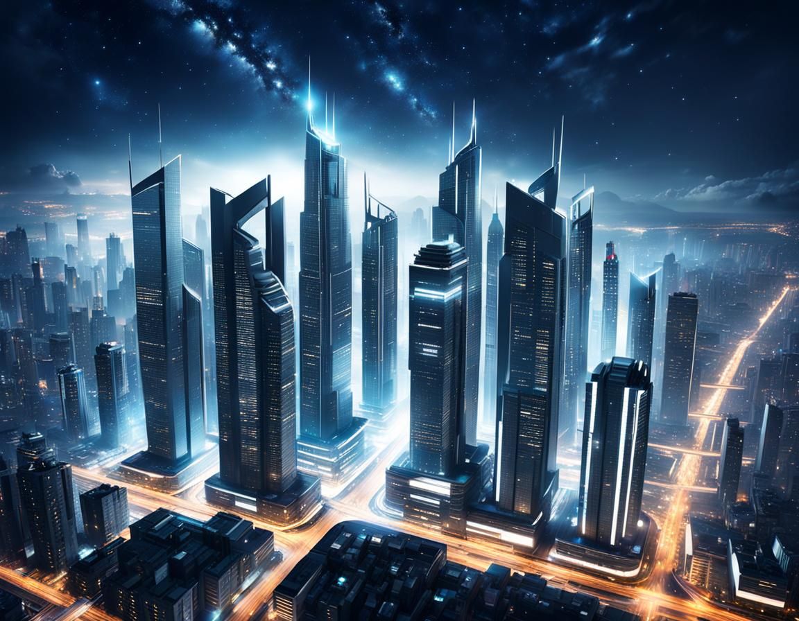 Futuristic Metropolis: Cinematic Cityscape Under Milky Way