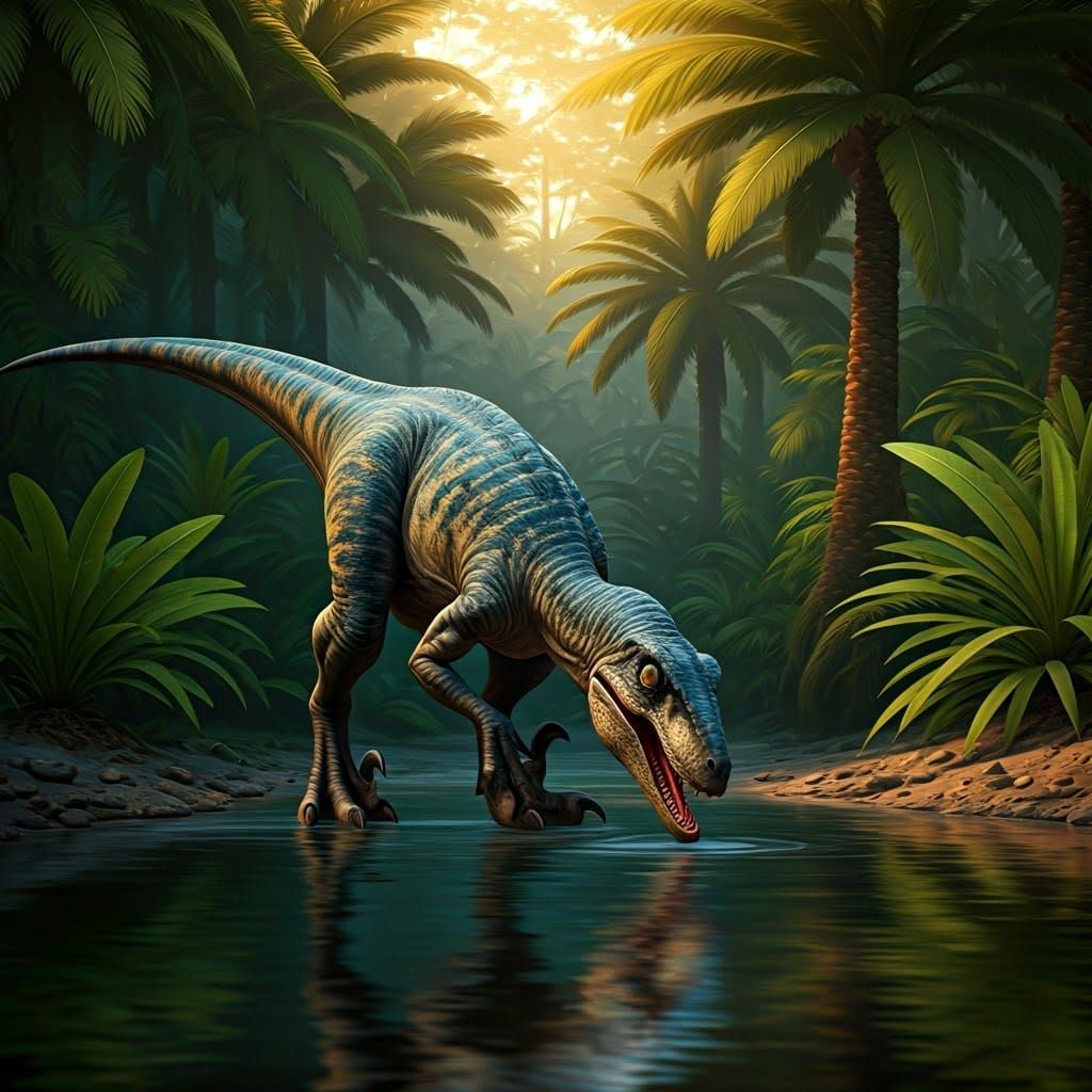 Photorealistic Velociraptor Drinking in Prehistoric Jungle