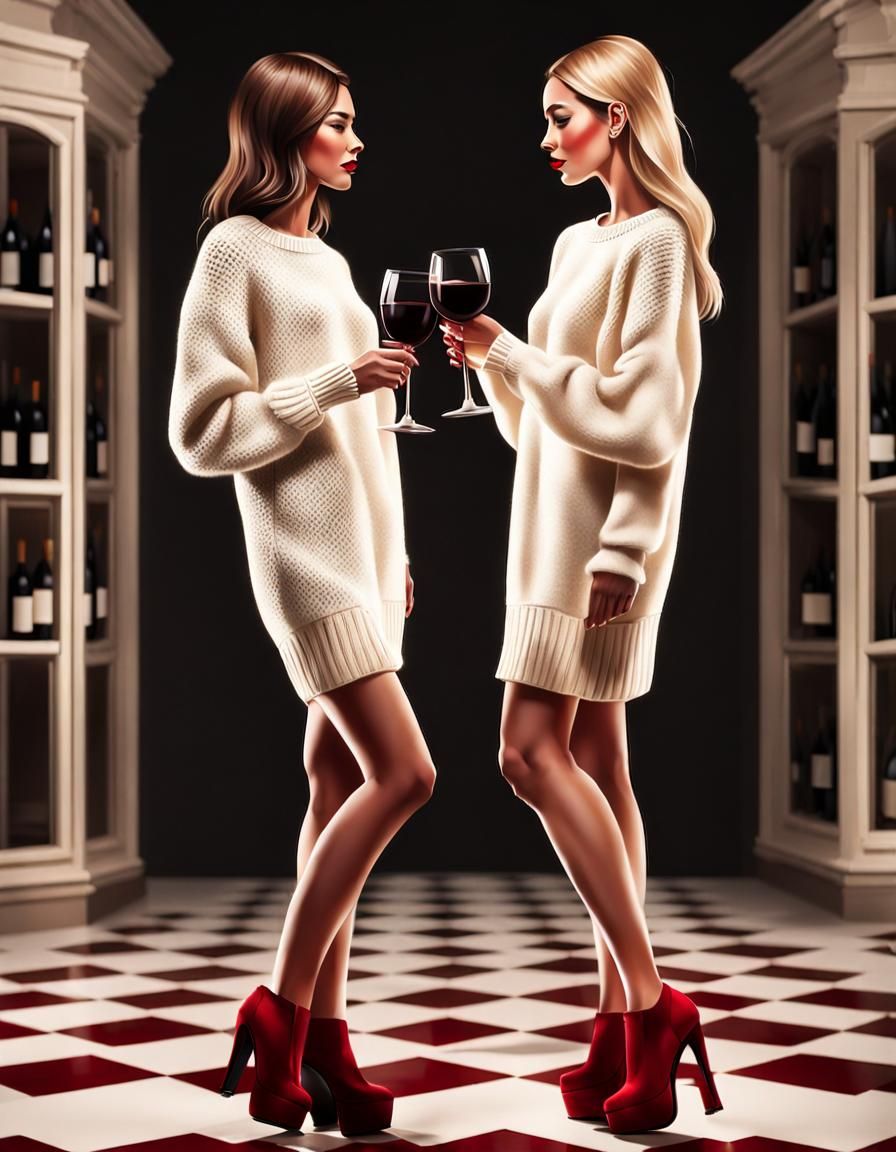Two Women Toasting with Wine in Photorealistic Style