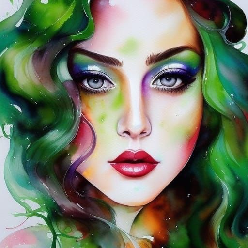 Radiant Woman with Red Hair, Watercolor Portrait