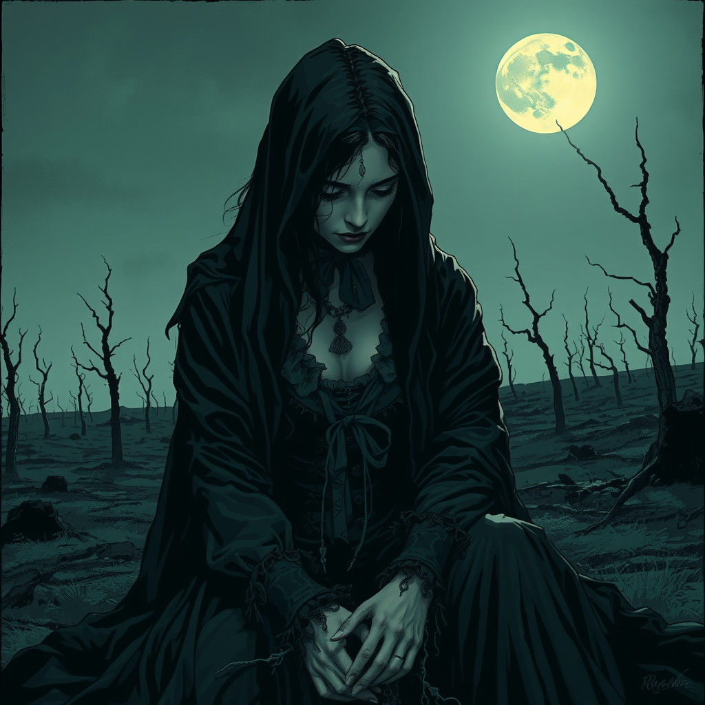Melancholic Woman in Eerie Landscape, Comic Book Art