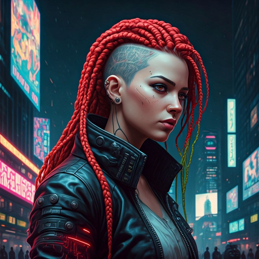 Cyberpunk Woman with Neon Piercings in Futuristic Cityscape