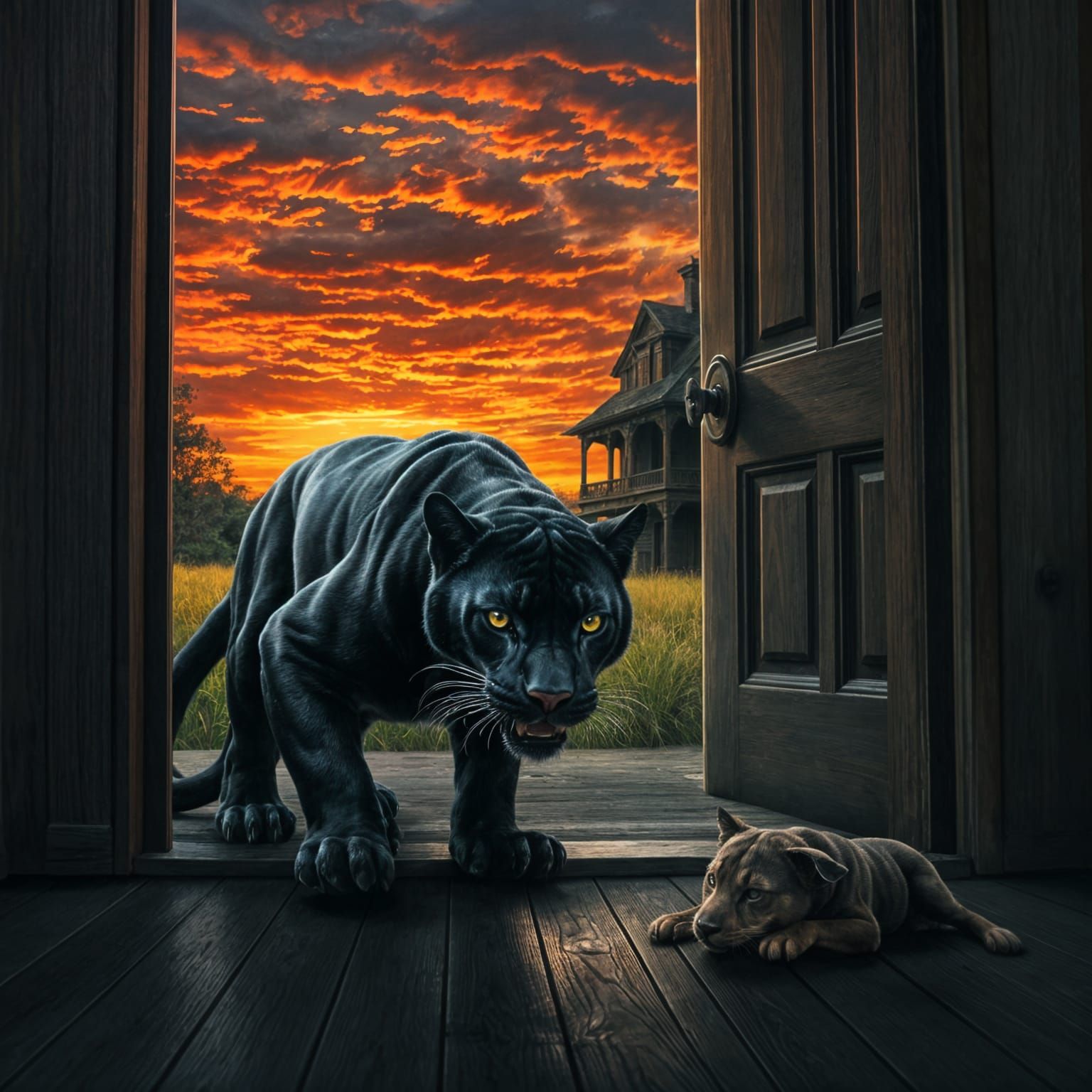 Gothic Panther Menace, Oil Painting in Victorian Setting