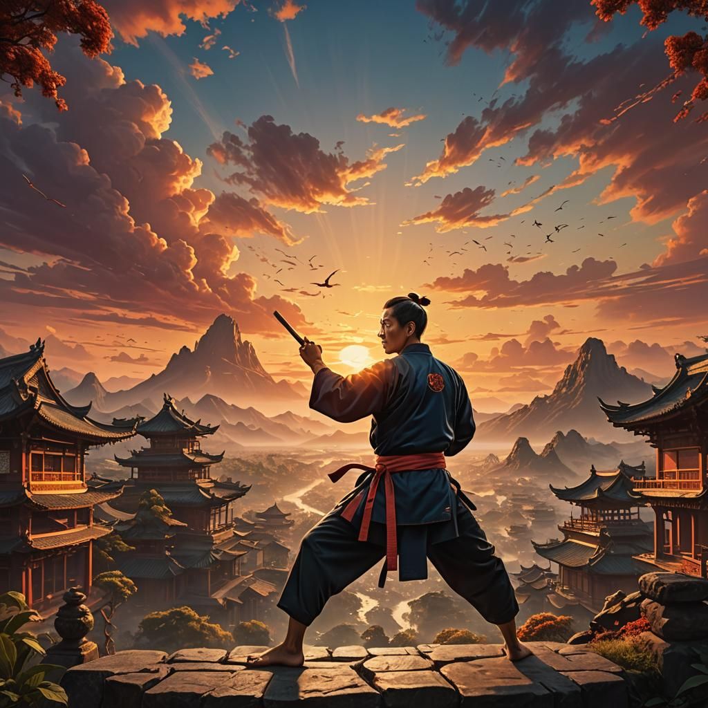 Martial Arts Teacher at Sunset: Digital Matte Painting