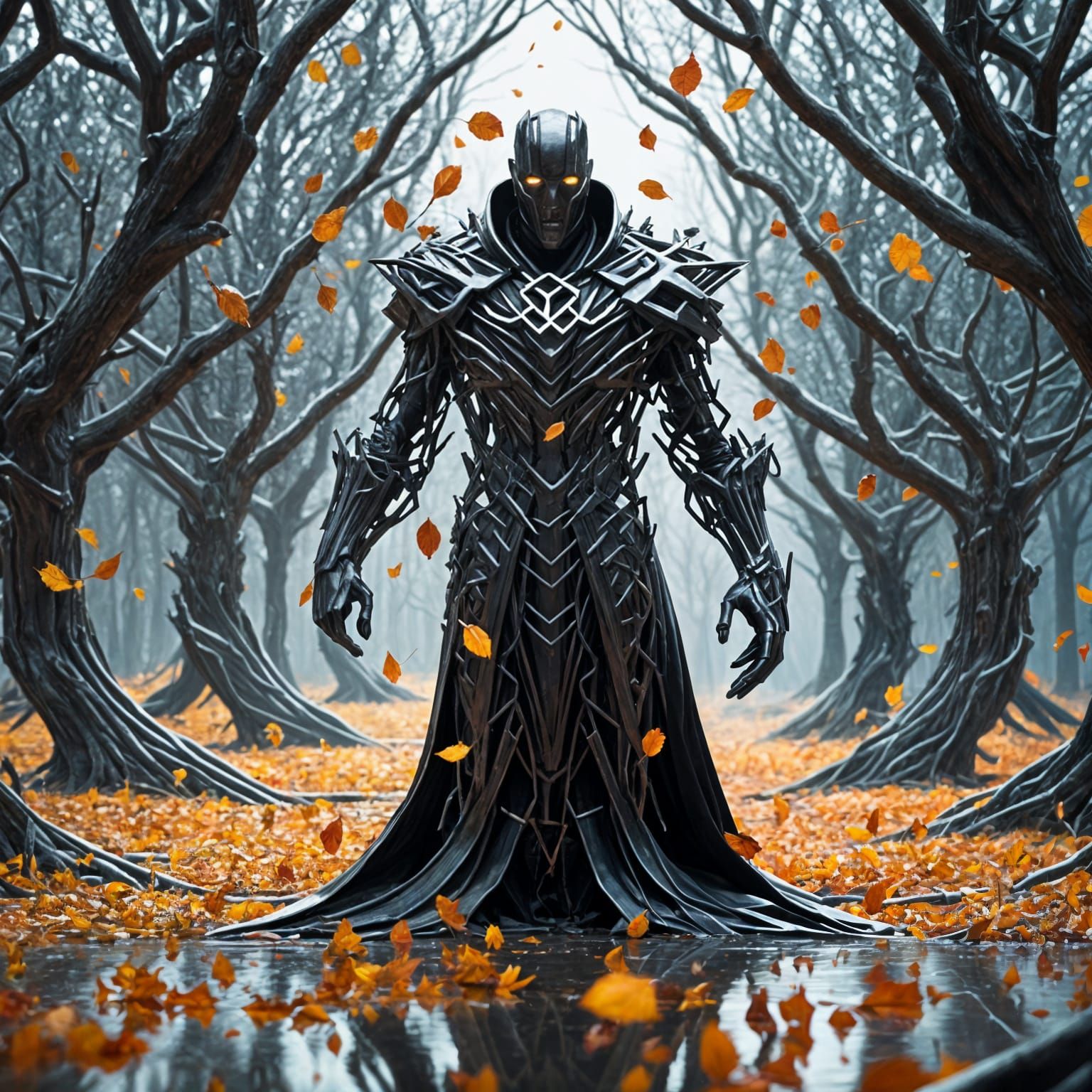 Biomechanical Figure Cloaked in Mystery Walking Through Fore...