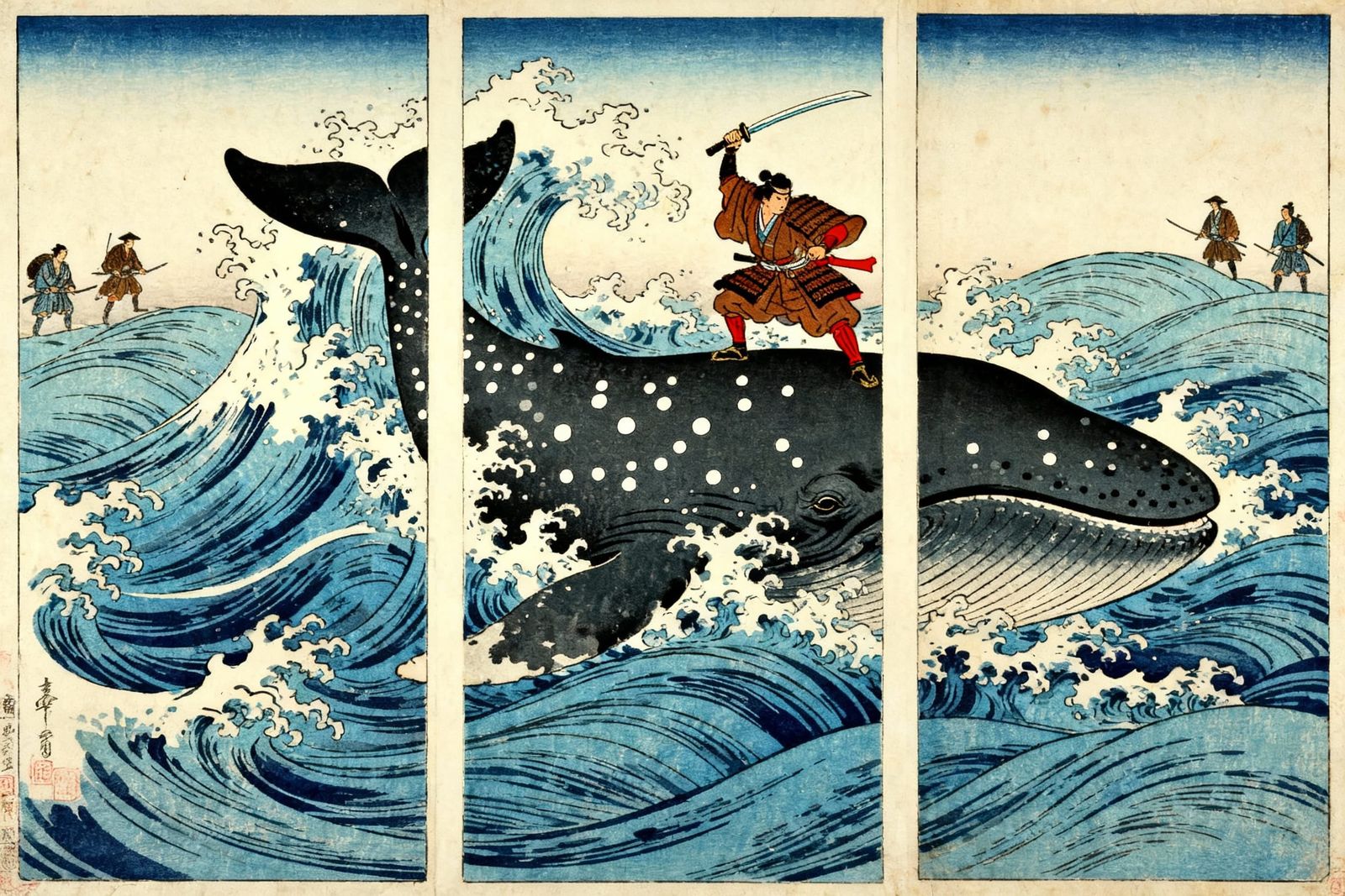 Samurai Battles Giant Whale in Ukiyo-e Triptych