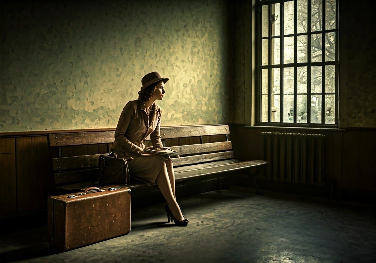 Nostalgic Woman in Train Station Waiting Room