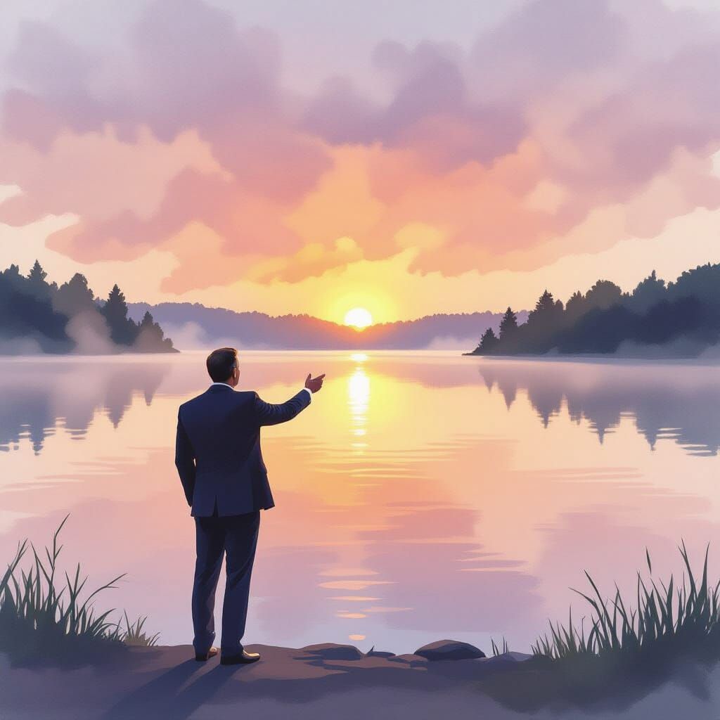 Weatherman Delivers Report by Serene Lake at Dawn