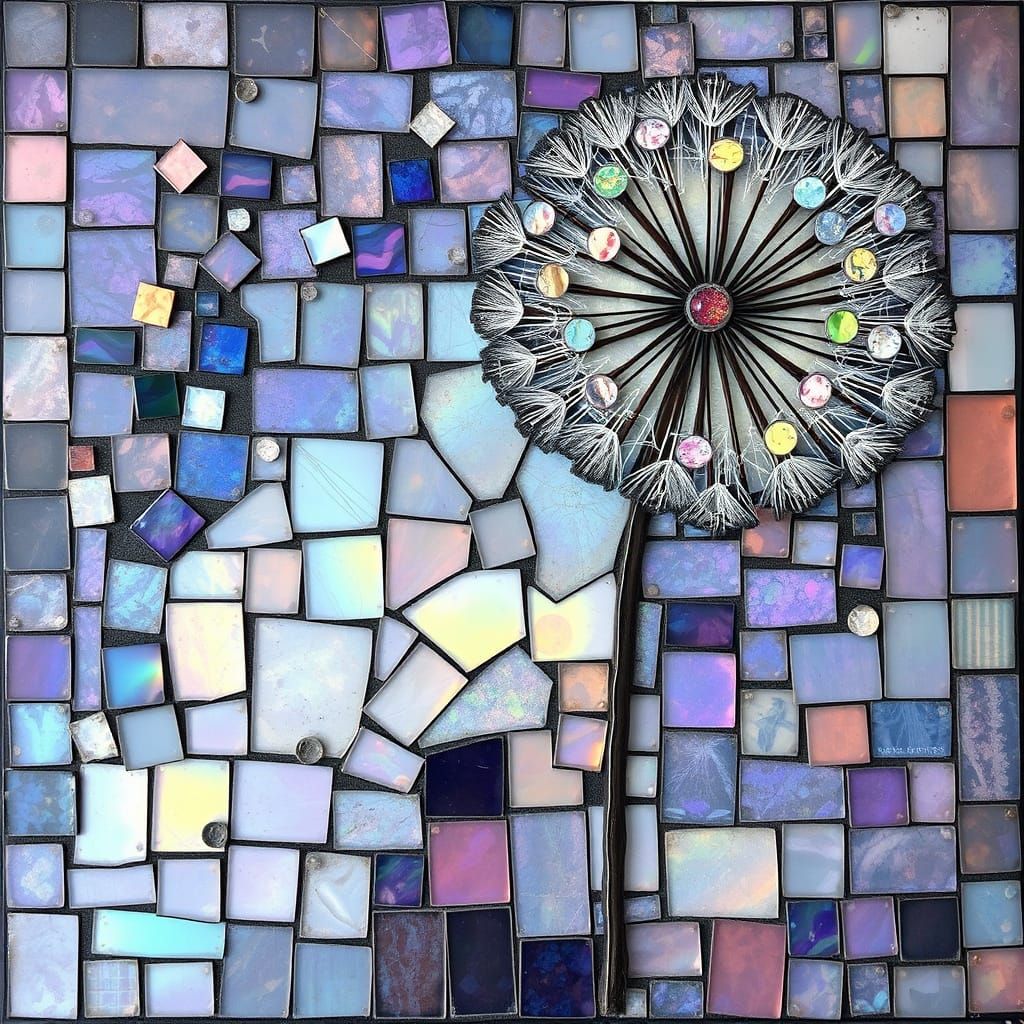 Ethereal Abstract Dandelion in Iridescent Mosaic Style