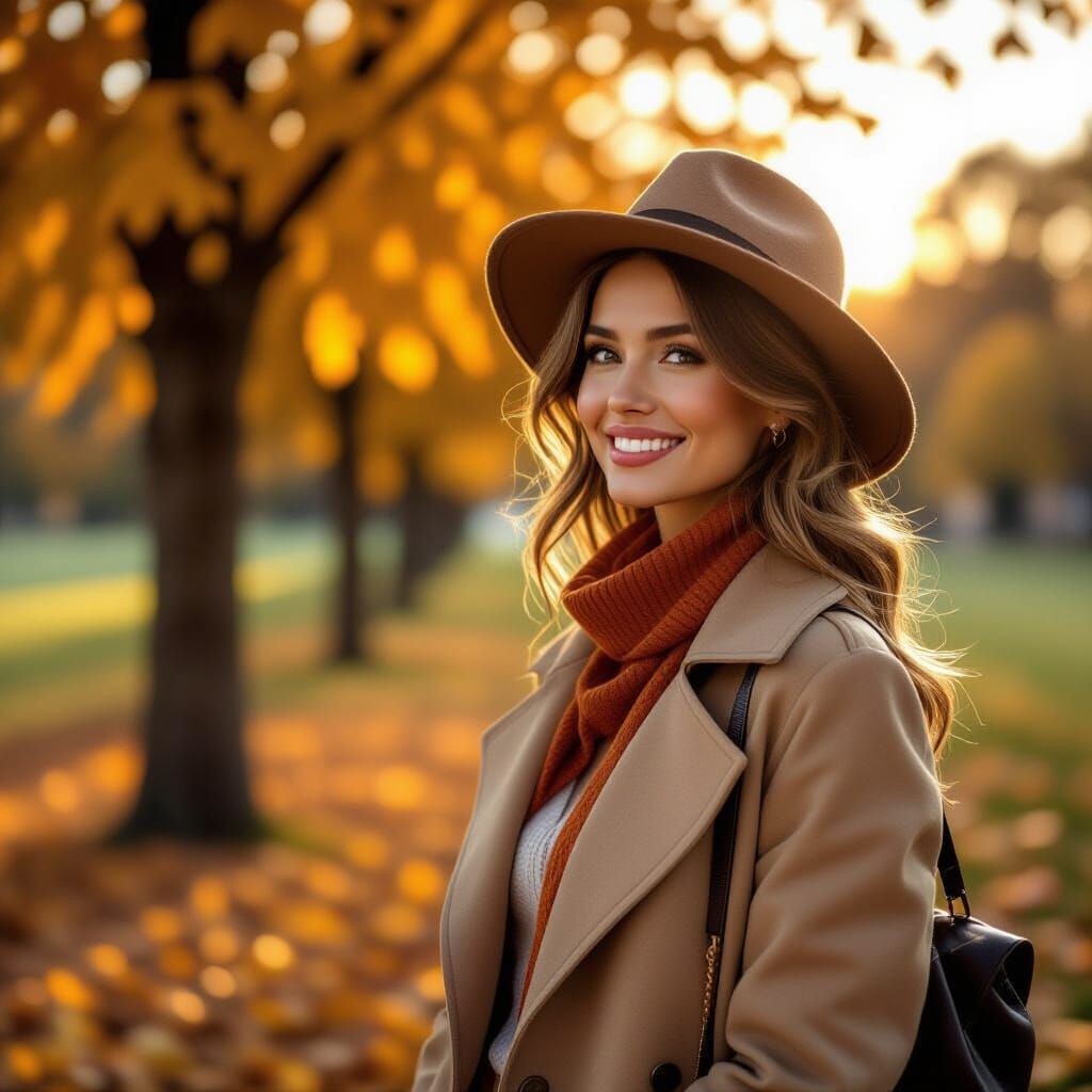 Elegant Woman in Autumnal Dress Admiring Fall Foliage