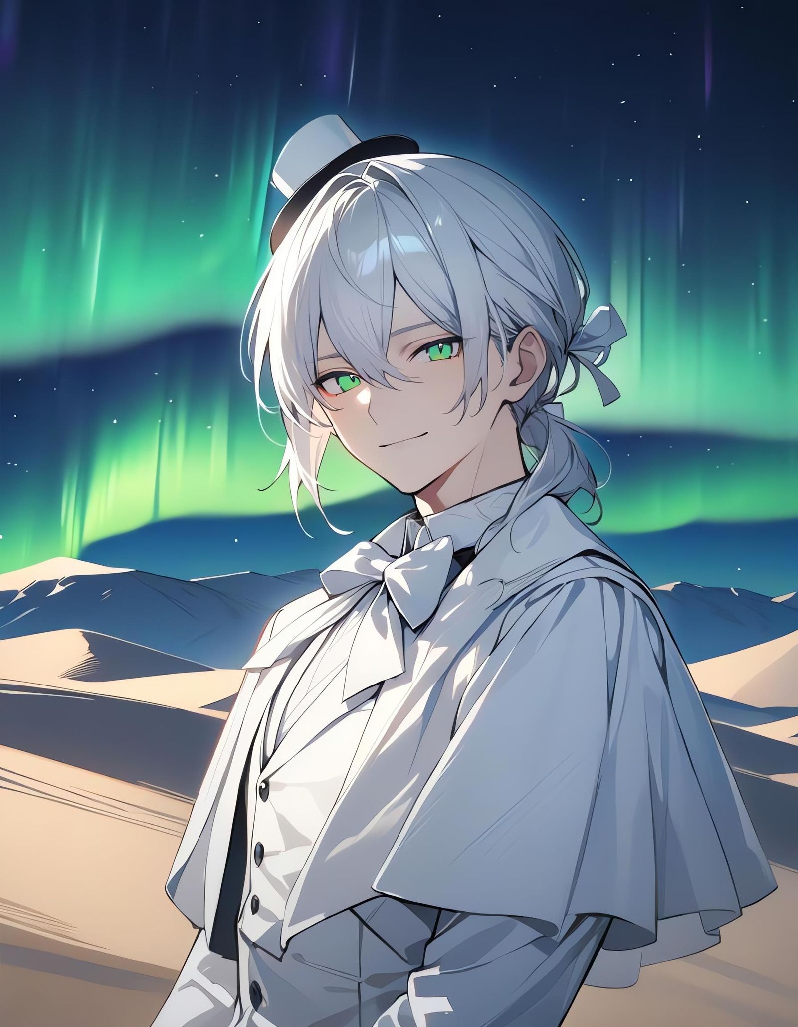 White-Clad Boy on Dune Under Aurora