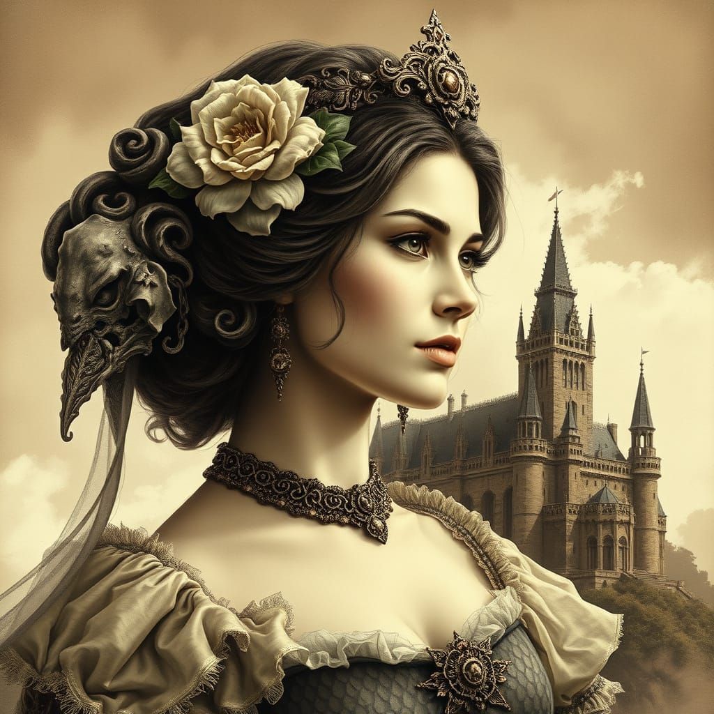 Gothic Princess Portrait in Sepia Lithograph Style