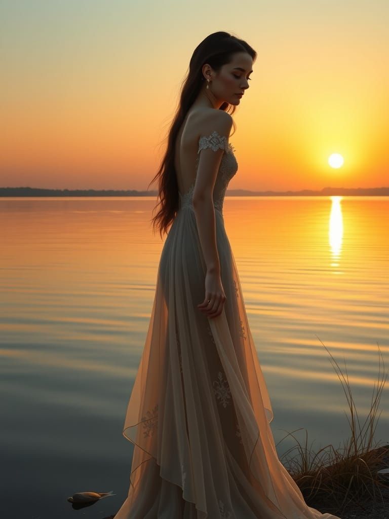 Ethereal Lady by Sunset Lake in Symbolist Style