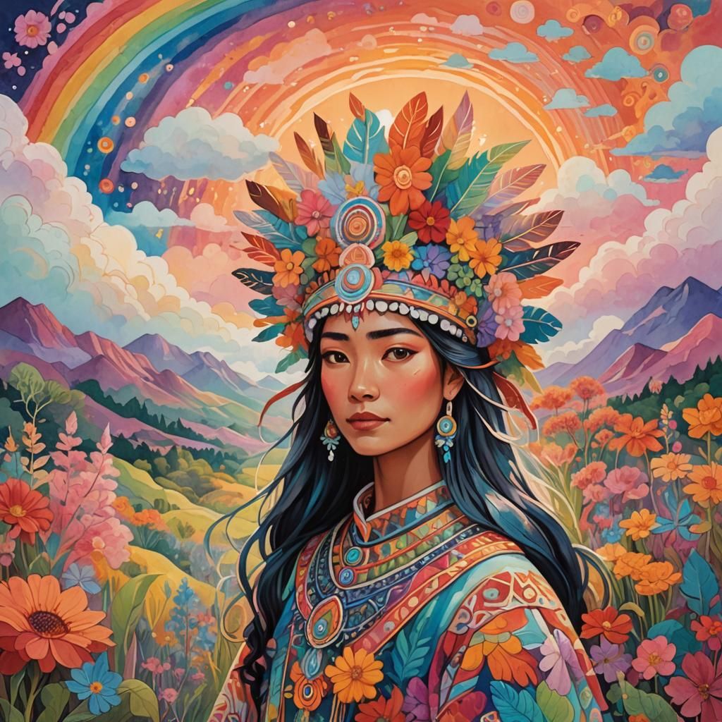 Fantasy Woman in Gouache Cloud Landscape