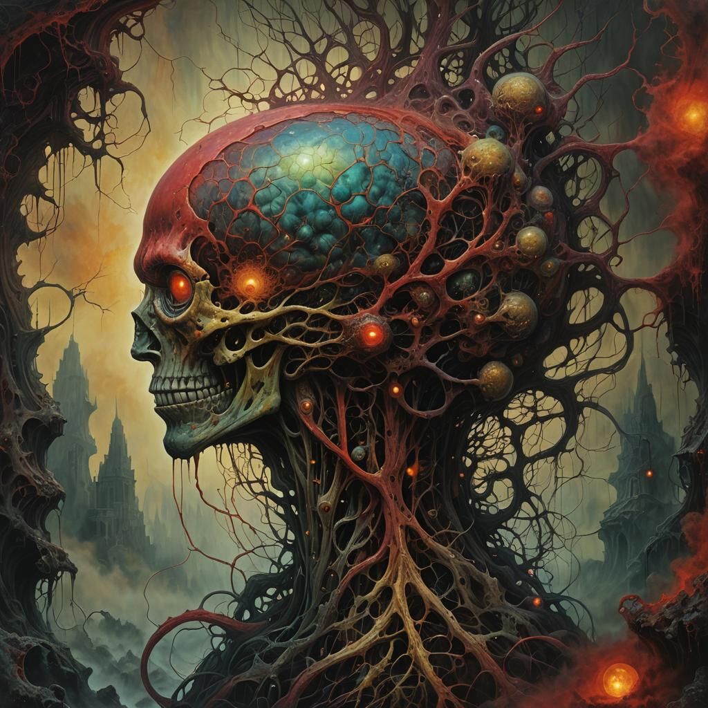 Beksiński-Inspired Biomechanical Surrealist Cerebral Artwork