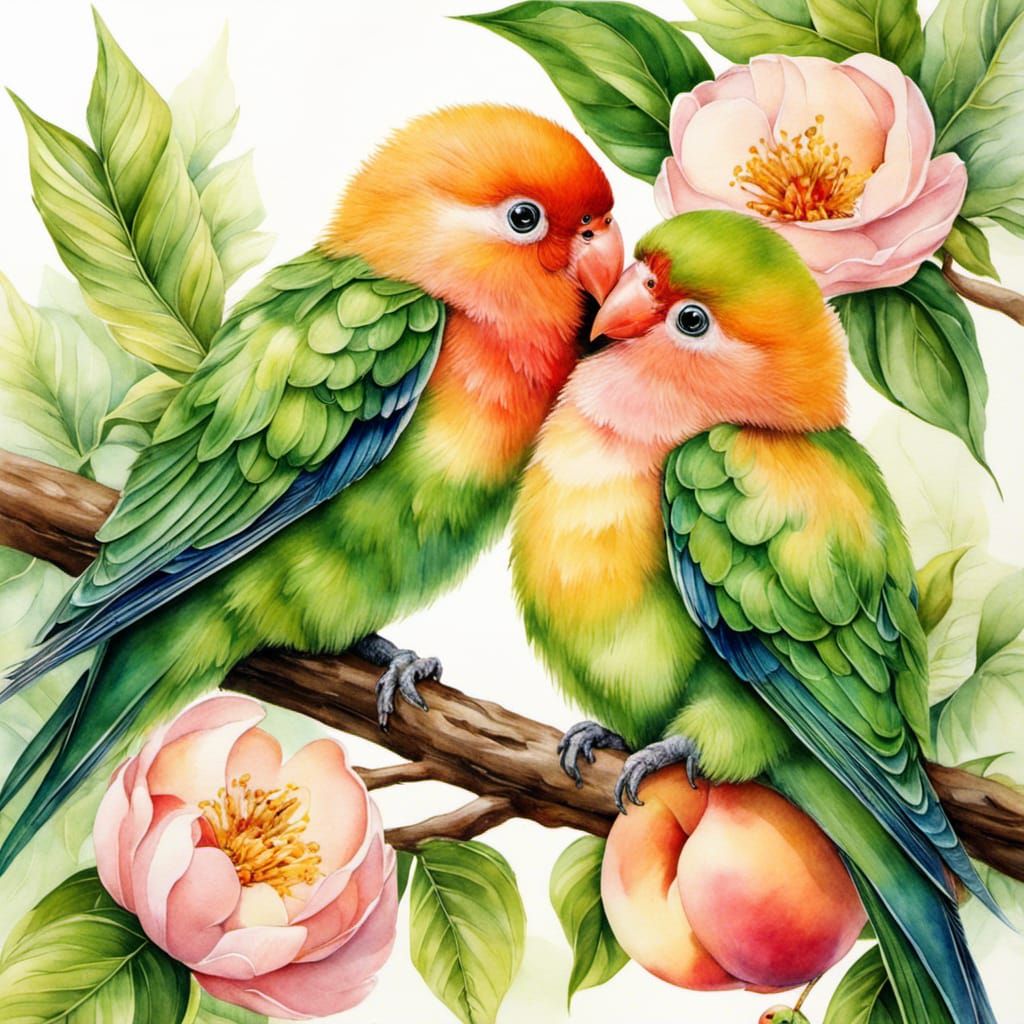 Peach Lovebirds Made of Peaches, Intricate Watercolor