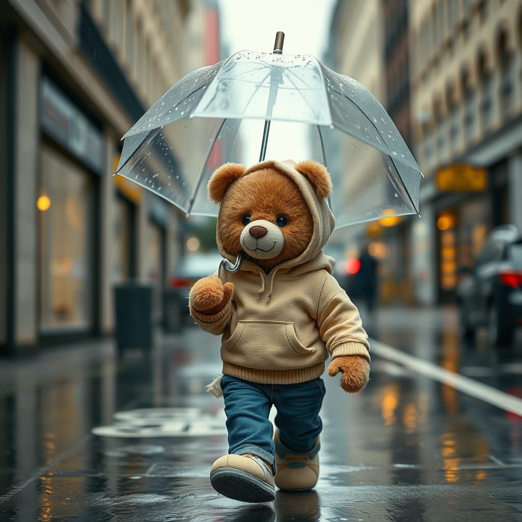 Teddy Bear Walks in Rainy City: DSLR Photo