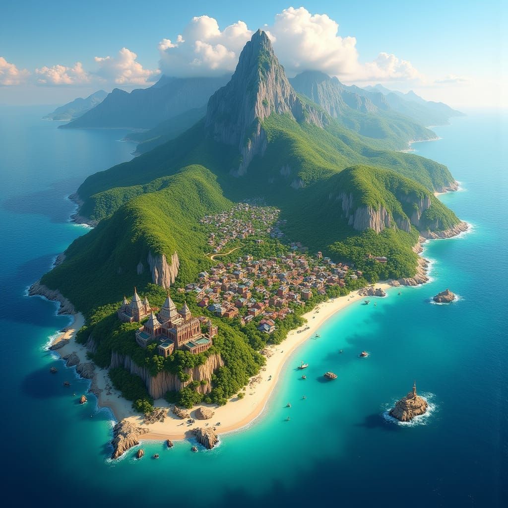 Lush Island Paradise: Aerial View of Tranquil Civilization
