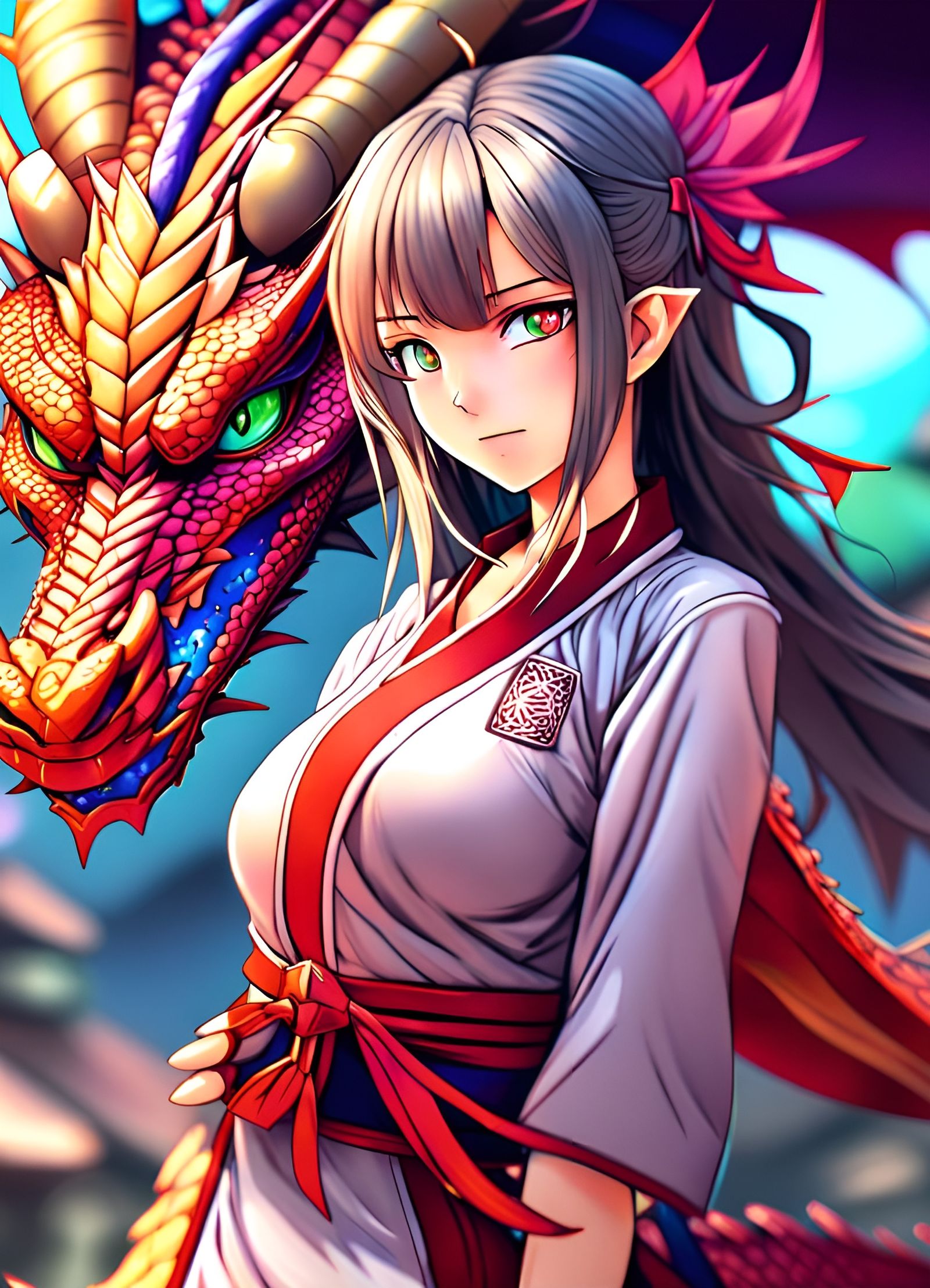 Anime Dragon Girl with Priestess in Hyperrealistic Style