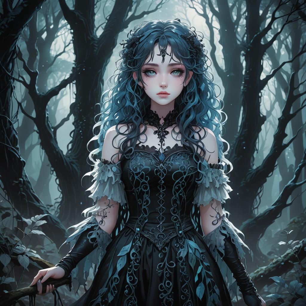 Mystical Forest Goth Girl in Gothic Anime Art